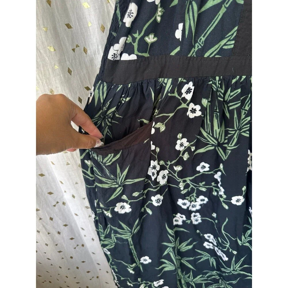 Bamboo Forest Girls Hawaiian Floral Spaghetti Strap Smock Midi Dress Pockets L